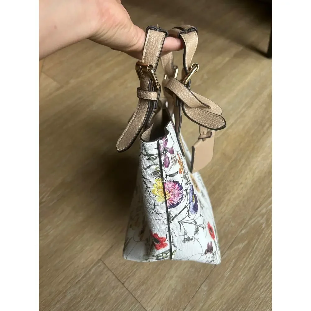 Floral Mini Tote Bag Satchel Purse Botanical Flower Pattern Top Handle Cream Tan